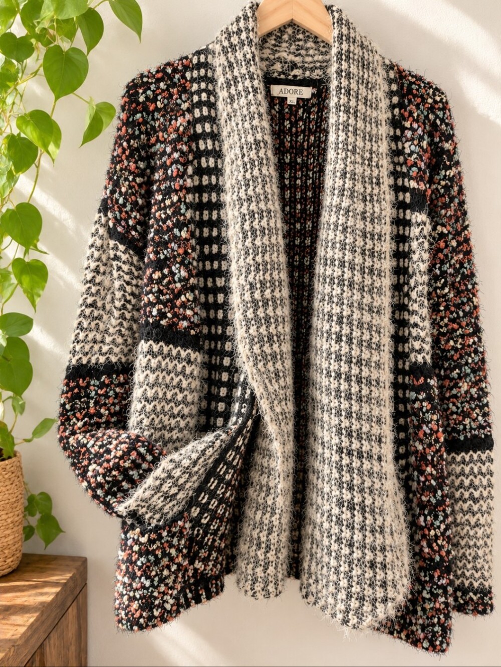 Adore Mixed-Pattern Open Cardigan Sweater - Black, Cream & Multi